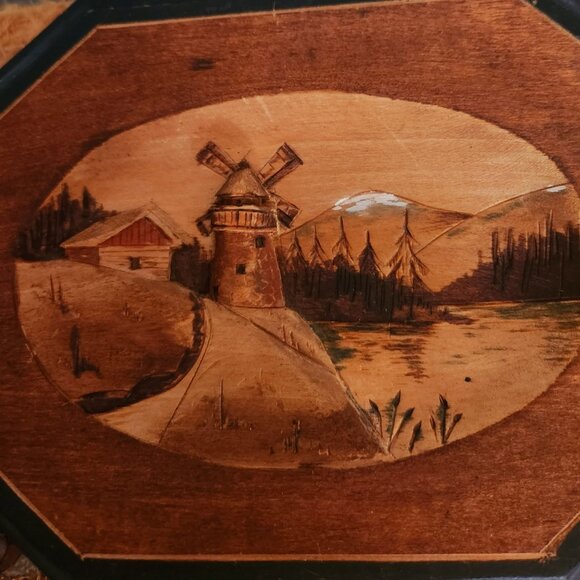 1 pc Vintage 3-D Wood Carving Quebec Folk Art cabin, windmill river mountains - Picture 2 of 5